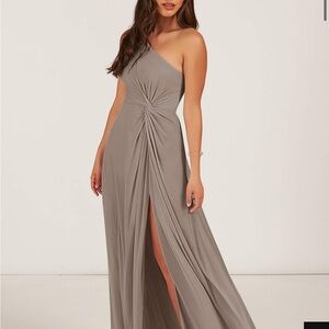Taupe A-Line One Shoulder Mesh bridesmaid Dress